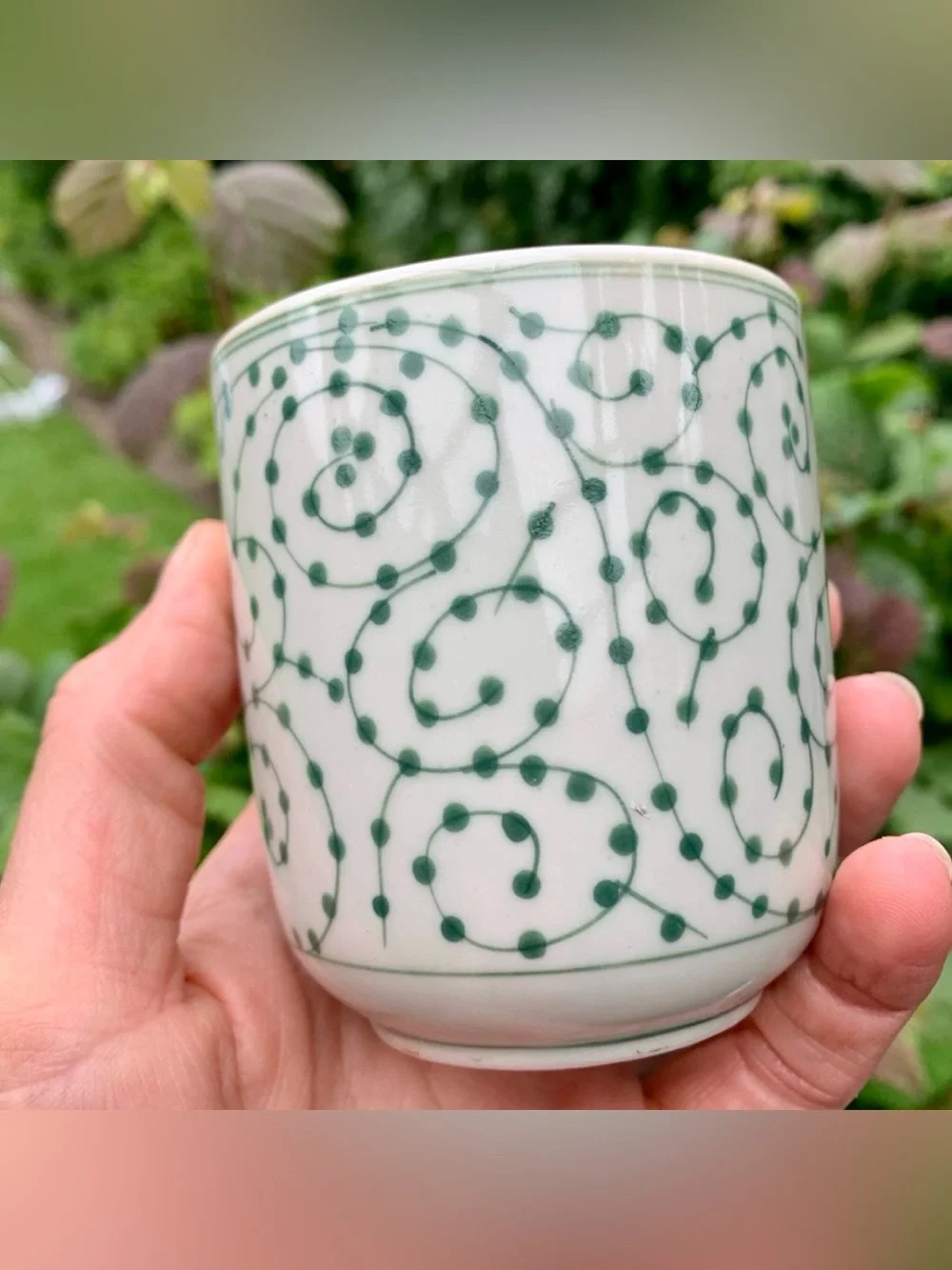 4 IKEA 8oz Entusiasm cups traditional green swirling vine pattern, white ceramic